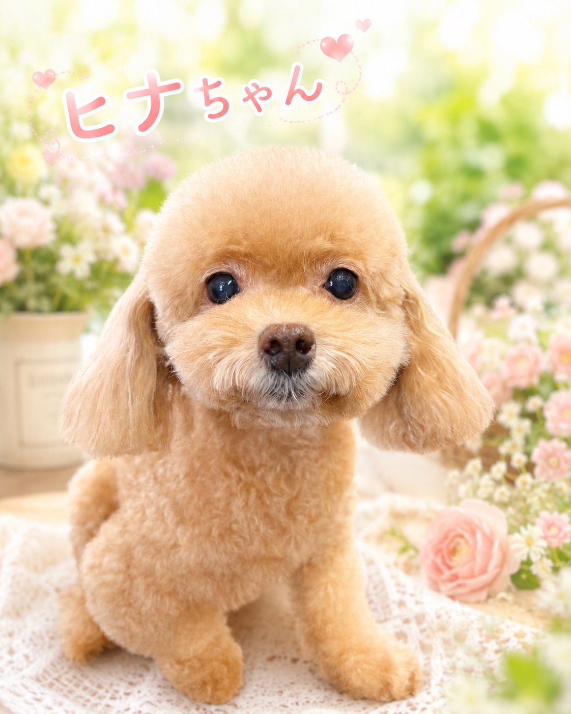 花に囲まれたトイプードルのヒナちゃん